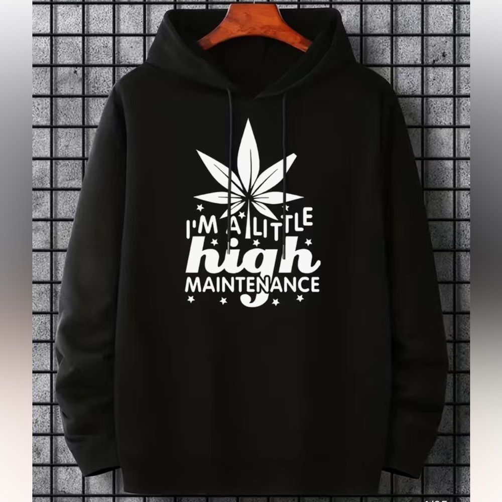 🔴 CLEARANCE BLACK IM A LITTLE HIGH MAINTENANCE CANNABIS HOODIE SWEATSHIRT Men L